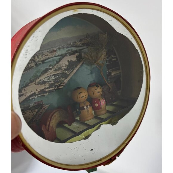 Vtg Japanese Round‎ Diorama Box Kokeshi Figures Mirror Wooden - Picture 2 of 9